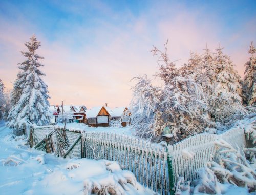beautiful wooden house in a winter